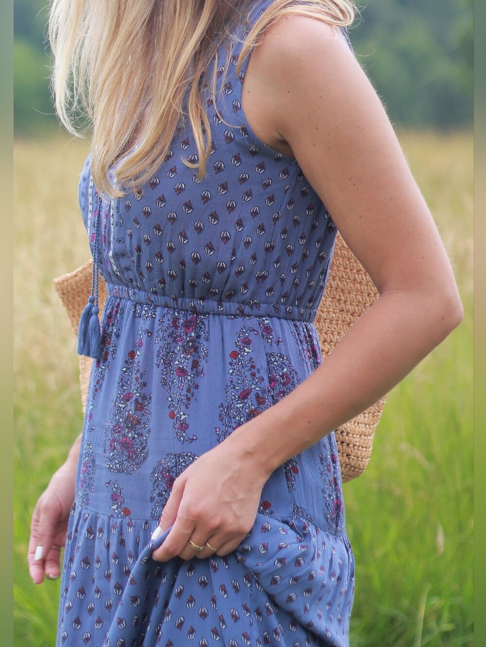 Old Navy Blue Tiered Patterned Woven Maxi Dress V Neck Tassel Sleeveless Rayon